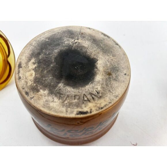 Vintage MCM Japanese Stoneware Small Yellow Crock with Brown Lid Sugar Bowl Butt - Picture 8 of 15